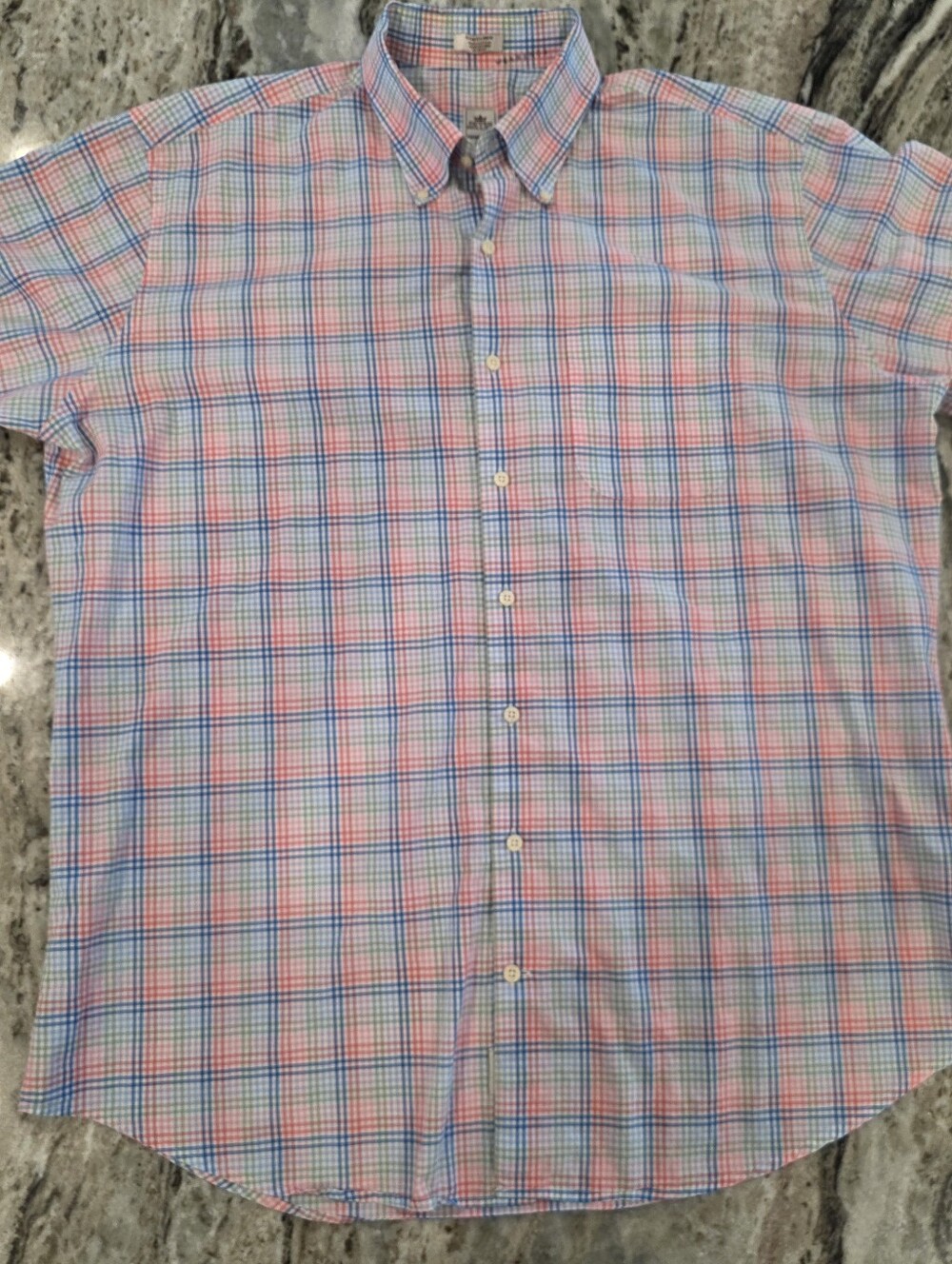 Peter Millar Men's XL Short Sleeve Button-Down Shirt Pink Blue Plaid Cotton